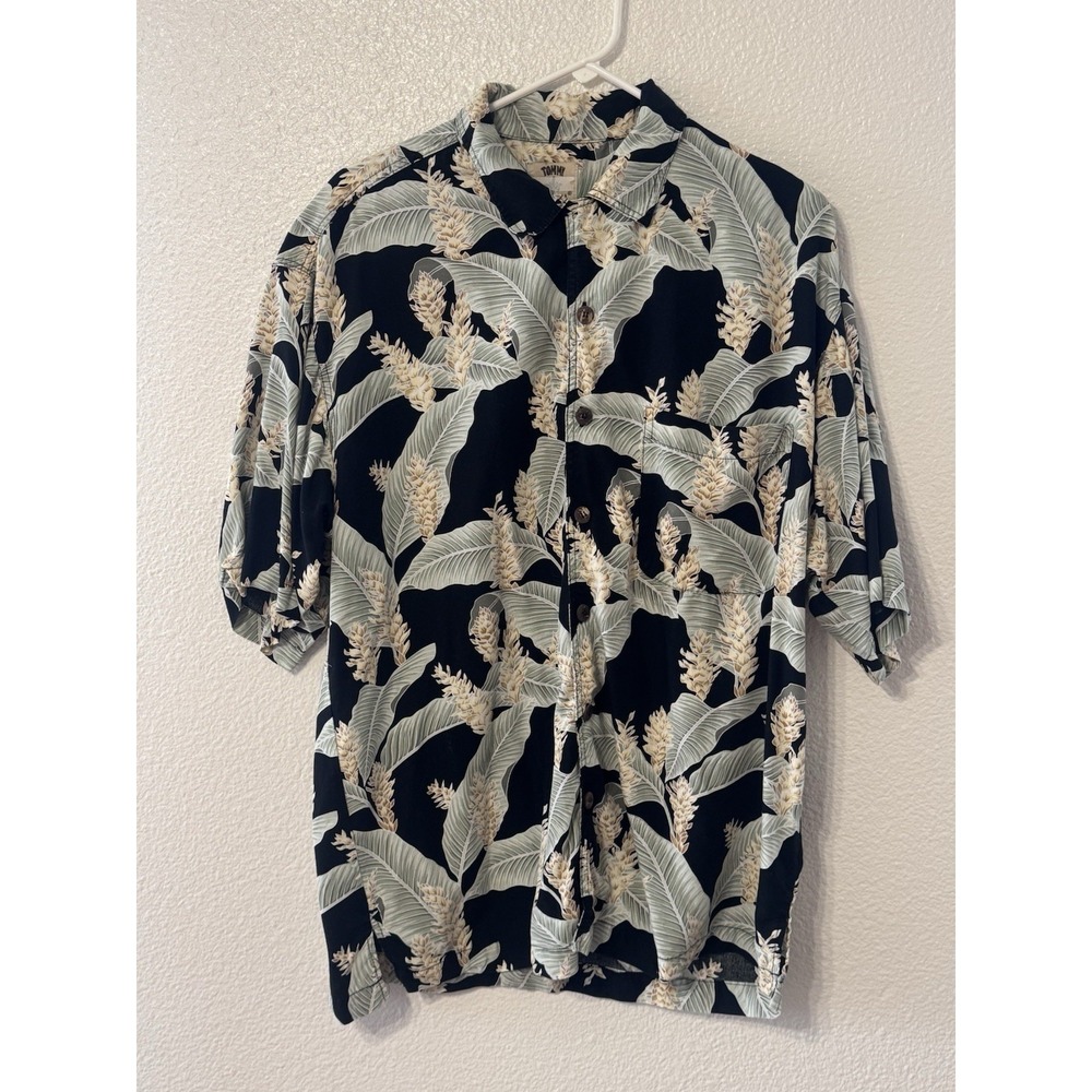 Tommy Bahama Men's XL 100% Silk Hawaiian Camp Shirt Tropical Leaf Floral Black
